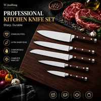 Couteaux de cuisine en acier inoxydable personnalisés Tc, manche en bois, ensemble de couteaux de chef tranchants avec couteau à fruits, couteau à pain, couteau utilitaire