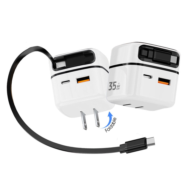 35W Retractable Type C Cable Portable Charger Adapter with Foldable Plug for Phones