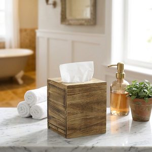 Caja de pañuelos cuadrada de madera marrón miel con acabado envejecido, estilo Zen asiático, de QUALCOSA INTERNATIONAL, con panel inferior deslizable duradero. - Product Image 1