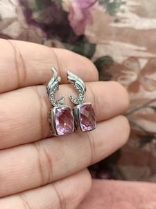 Boucles d'oreilles pendantes en argent sterling 925 avec quartz rose, bijoux artisanaux vintage faits à la main pour femmes, bijoux fins anti-allergiques - Product Image 2