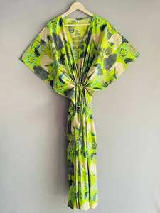 Vestido Kaftán de Algodón con Estampado Floral Hecho a Mano, Maxi Vestido Indio para Playa, Cuello en V, Secado Rápido y Transpirable, para Verano, Otoño y Primavera - Product Image 2