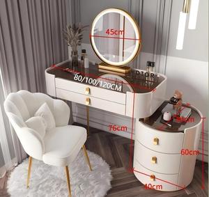 Table de maquillage de luxe <span class=keywords><strong>en</strong></span> dalle de roche grise pour chambre à coucher, avec miroir rond éclairé par LED et grand tiroir de rangement, ensemble coiffeuse - Product Image 2