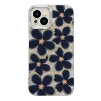 Coque de téléphone portable en PC avec motif floral noir à l'encre d'eau et motif de soie argentée pour iPhone 8 X Xr Xs Max 11 12 13 14 15 16 17 Air