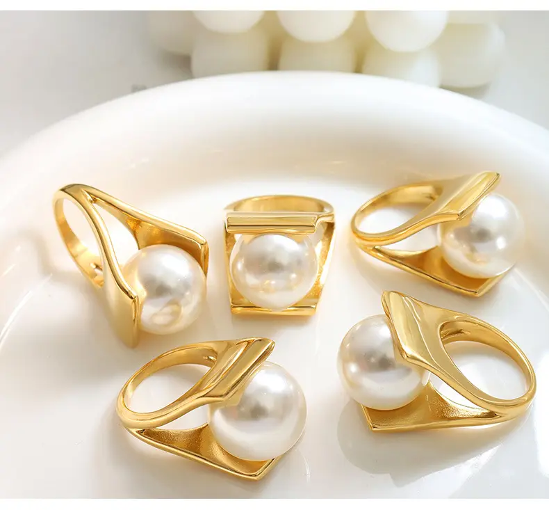 Waterproof 18k Gold Plated Stainless Steel Jewelry Exaggerated Opening Imitation Pearl Rings for Women