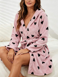 <b>Women's</b> Hooded Flannel Soft Winter Robe Heart Printed Nightgown Kimono Leisure Warm Loose Sleepwear 1 Piece Pajama Set Robe - Product Image 3