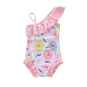 Купальник с оборками для маленьких девочек, Цельный купальник с цветочным принтом для начинающих ходить детей, летняя пляжная одежда