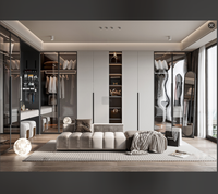 Approvisionnement en gros : Armoire dressing sur mesure haut de gamme pour toute la maison, style moderne et minimaliste, avec portes vitrées, étagères ouvertes, canapé confortable et éclairage abondant
