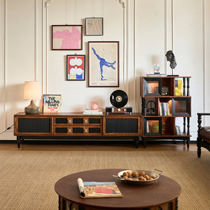 Meuble TV Muse en bois massif, style vintage, avec rangement et couleurs contrastées, pour salon - Product Image 5