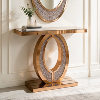 Table console moderne de luxe avec plateau en bois de chêne et verre, hauteur réglable, facile à nettoyer, finition marron pour salon de villa
