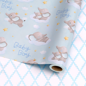 Soft Light Blue <b>Elephant</b> <b>Decorative</b> Wrapping Paper Roll Dual Face Blue Grid Reverse For Little Boy Holiday Gift Packing Supply - Product Image 4