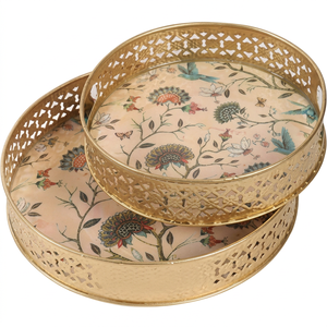 Floral Pattern <b>Serving</b> <b>Trays</b> Set of 2 Polished Metal Decorative Residential Use - Product Image 2