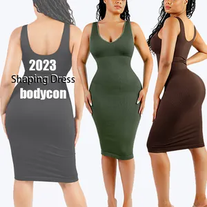Wholesale Custom Sexy Elegant Deep V-neck Seamless Midi Ladies Bodycon Dresses Midi Dress Women 2023 Built-in Shapewear Dress