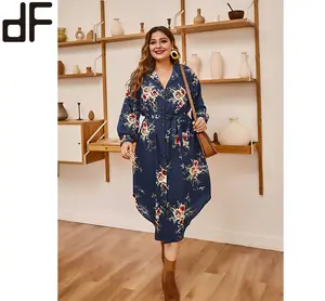 Dag Look Mode Dames Casual Vrouwen Jurk Plus Size Blauwe Jurk Nieuwe Mode Bloemenprint Lange Mouw Jurken