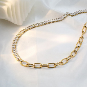 Gold Chain Spliced Zircon Necklace With Channel Setting Geometric Design For Everyday Wear 37cm Length - Product Image 1