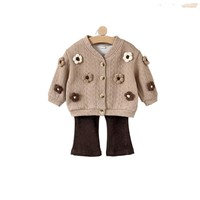 Ensemble de vêtements pour bébé fille, style bohème, cardigan en tricot avec pantalon en velours côtelé marron, beige neutre, pull orné de fleurs 3D