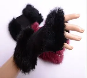 New women gloves stylish hand warm winter half finger mittens ladies woolen crochet knitted rabbit fur wrist gloves