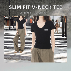 เสื้อยืดคอวีแขนสั้นทรงเข้ารูปผ้าฝ้ายปักลายสไตล์ลำลองสำหรับผู้หญิงแฟชั่นฤดูร้อนขายส่ง - Product Image 2
