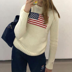 Pull tricoté à col rond avec drapeau américain et ourlet côtelé Vente en gros OEM/ODM Mélange de laine personnalisé Intarsia Knitwear Causal Women Pullover - Product Image 2
