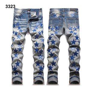High Street Punk Style Streetwear Y2K Ropa 2024 Hombres Slim Shot <span class=keywords><strong>Jeans</strong></span> Star Leather Patch Fashion Slim Mans <span class=keywords><strong>Jeans</strong></span> - Product Image 4