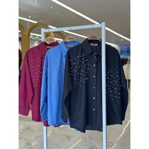 Camisa Sobe de Popelina para Mujer, Azul con Adornos de Cristal, Cierre de Botones, para Uso Diario - Product Image 2