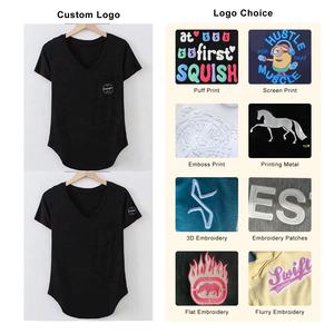 OEM grosir kaus ketat bawah melengkung leher V olahraga latihan Fitness latihan Gym baju Jogging katun bordir untuk wanita - Product Image 3