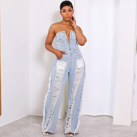 Combinaison en jean tendance été 2023 de haute qualité, style déchiré et perlé, sans bretelles, pour femme, vente en gros