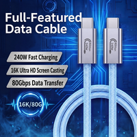 Câble de données USB-C multifonctionnel en gros 240W 80Gbps 16K Ultra HD bleu clair en nylon tressé blindé pour charge rapide d'ordinateurs portables OEM ODM