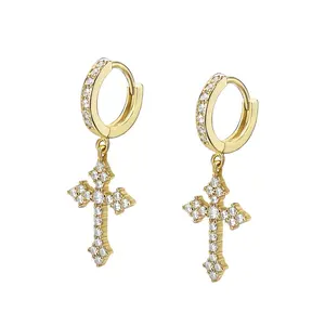 Wholesale Popular Men Women 14K Gold Icy Pave Cz Diamond Cross Huggie Hoop Earrings