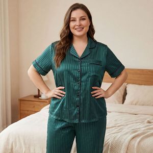 Ensemble de pyjama pour femmes King Mcgreen Star XL-5XL avec imprimé poche estival, en soie et mousseline élégante, adapté aux femmes rondes et aux mamans - Product Image 4