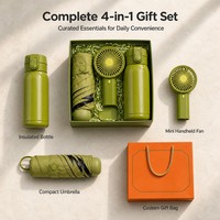 Set Hadiah Perusahaan 4 in 1 dengan Branding Kustom: Botol Terisolasi, Kipas Mini, Payung Kompak, Kotak Hadiah untuk Promosi Bisnis