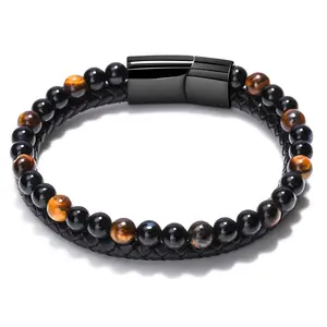 Nueva llegada de joyería de aleación negra cierres magnéticos trenzados grabables pulsera de cuero genuino para hombres