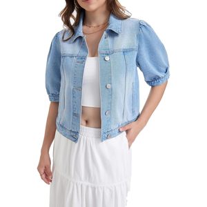 Chaqueta vaquera corta personalizada para mujer con mangas abullonadas y bolsillos, abrigo vaquero azul claro lavado para mujer - Product Image 1