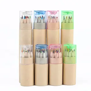 12 colors wooden pencils tube packing with top sharpener , unpainted Pencils in tube pre-sharpened Wooden Crayons