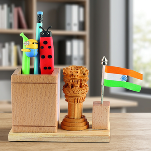 Wooden Desk Organizer Pen Holder with Mini Flag <b>Office</b> <b>Gift</b> Set Custom Corporate Giveaway - Product Image 3