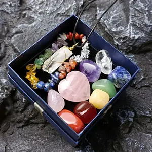 11pcs Amethyst Chakra Palm Worry Stone Pendulum Necklace Bracelet Set Gift Box Oval Crystal Gravel Kit Crafts Ornament