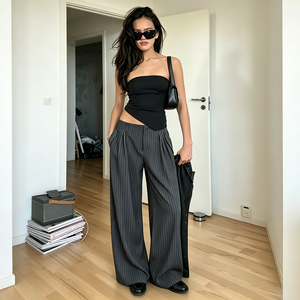 Pantalones de Traje de Pierna Ancha con Rayas Gris Oscuro Estilo Urbano Francés para Mujer, Elegantes y Holgados para la Oficina o el Trabajo Diario - Product Image 1