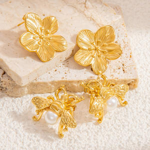 <b>Stud</b> Earrings Bee Pearl 18K Gold Plated <b>Titanium</b> Steel Insect Shape Fashion Jewelry EH11684 - Product Image 4