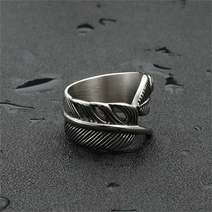 Stainless Steel <b>Feather</b> <b>Ring</b> Men's Retro Punk Style Daily Wear <b>Silver</b> Color 26097 - Product Image 3