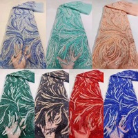 Tissu en organza brodé de perles et de paillettes multicolores pour robes de mariée pour filles - Polyester/Nylon extensible et respirant