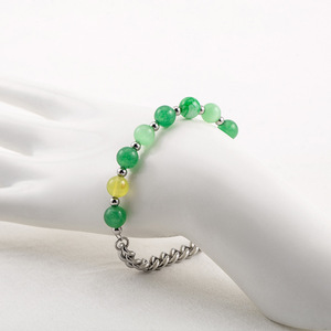 yunnique Men's Titanium Steel Cuban Chain Green Imitation Jade <b>Beaded</b> <b>Bracelet</b> Ball Shape Geometric Design XYB0092 - Product Image 2