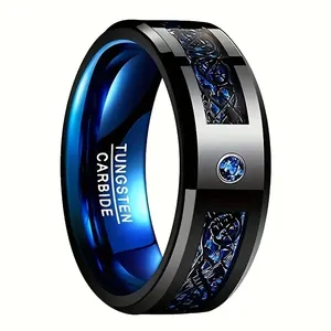 8mm Black Tungsten Ring for Men Women Wedding Band Blue Cubic Zirconia Stone Dragon Inlay Beveled Comfort Fit