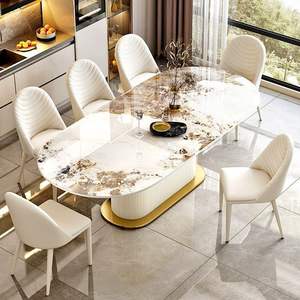 Luxury Contemporary <strong>Marble</strong> Oval <strong>Dining</strong> <strong>Table</strong> <strong>and</strong> <strong>Chair</strong> Set Cream-Coloured Design for Six Seats Family <strong>Dining</strong> Room Furniture - Product Image 2