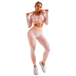 Conjunto Deportivo de Yoga para Mujer <span class=keywords><strong>con</strong></span> Logotipo Personalizado, Top Deportivo, Chaqueta Ajustada <span class=keywords><strong>con</strong></span> Cuello Alto y Pantalones de Yoga de Cintura Alta, Conjunto de 3 Piezas - Product Image 5