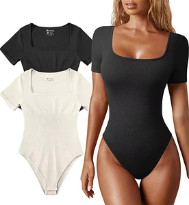 Mono deportivo de mujer para gimnasio, color liso, manga corta, cuello cuadrado, body de verano para mujer, mono corto, faja moldeadora con control de abdomen - Product Image 4
