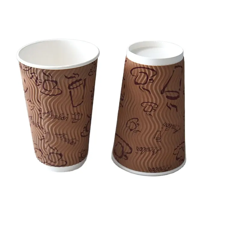 Tazas de papel de pared desechables, papel de café caliente con tapas, marrón, ondulación, precio barato