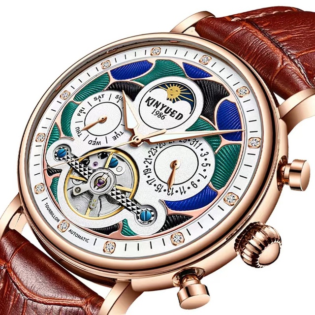 Factory Price KINYUED Moon Phase Luxury Automatic Mechanical Watches Skeleton Promotional Tourbillon Watch for Men