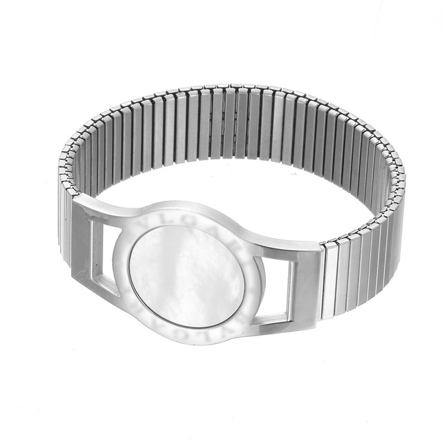 Yiwu Aceon Stainless Steel Watch Band Elastic Chain Wide Band Women Luxury Logo Stamped White Shell Disc Bracelet
