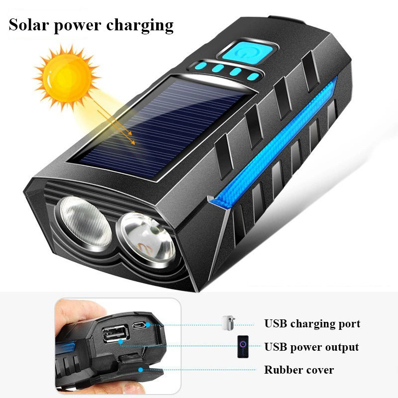 Hongdak 2400Mah Solar Bicycle Headlight with Electric Bell USB Rechargeable Waterproof 130db Bike Horn Dual Lamp Flashligght