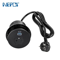 Prise de courant encastrée de table 65W à charge rapide, ronde, avec ports USB-A et USB-C et câble de 2m, norme UE