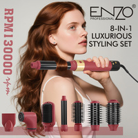 ENZO Brosse lissante électrique professionnelle 8 en 1, moteur sans balais, lisseur, boucleur, peigne, sèche-cheveux, brosse pour un coiffage volumineux à chaud